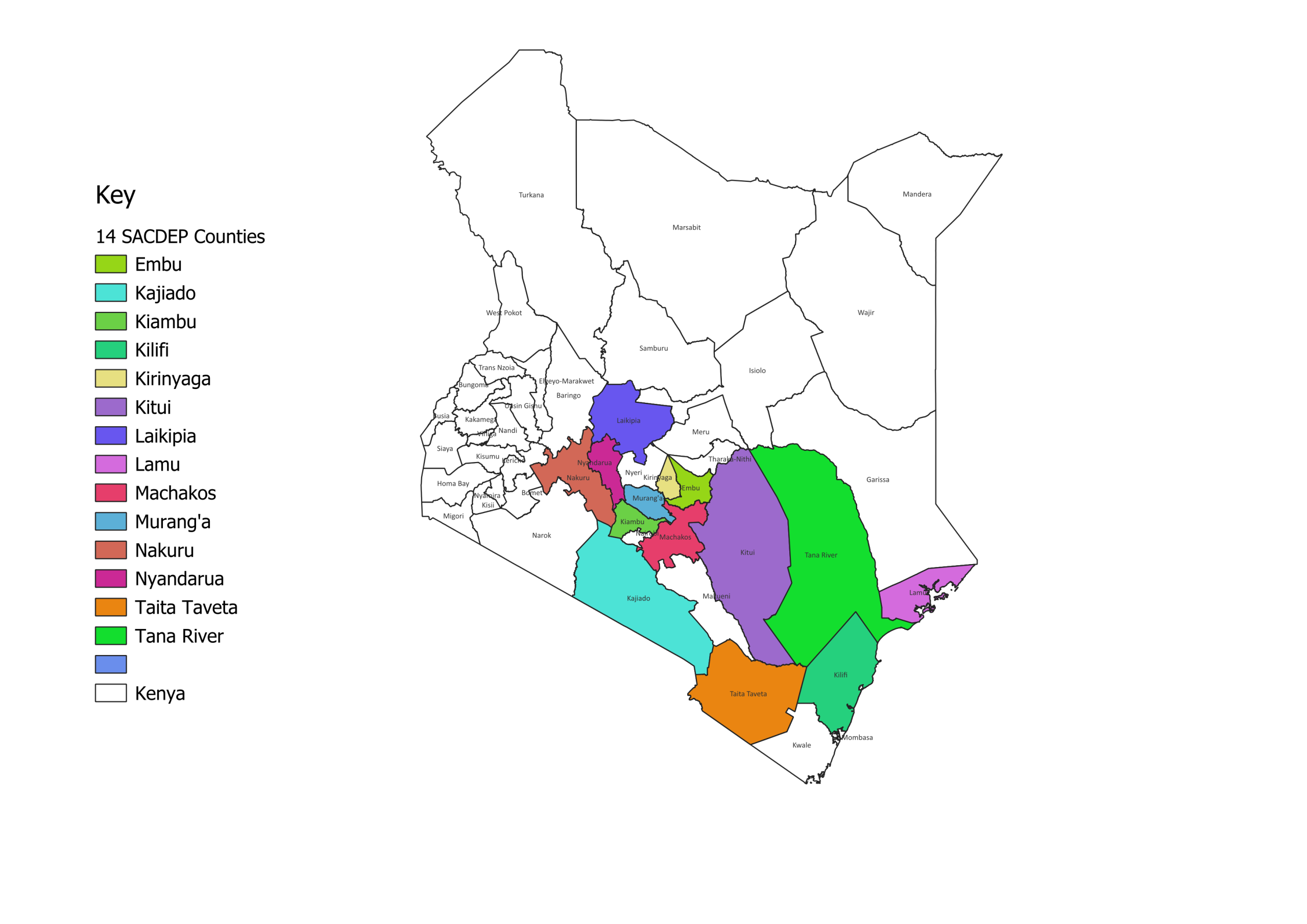 Regions in Kenya where SACDEP has been carrying out development projects during the last 31 years. November 2025. Source: QGIS Maps